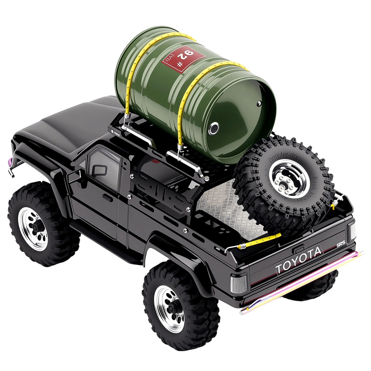 TCRC Aluminum Bed Rack & Spare Tire Carrier & Anti-skid Plate Board with Colored Reflective Luggage Rope Set For HPI Venture18