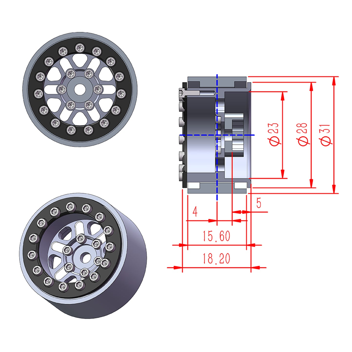 TCRC 4PCS Aluminum Deep Dish 1.0 Inch Beadlock Wheels Hubs