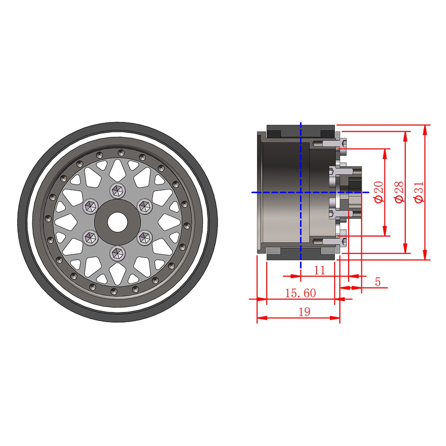 TCRC 4PCS Deep Dish Grade 5 Titanium Wheel Face 1.0 Inch Beadlock Wheels Hubs