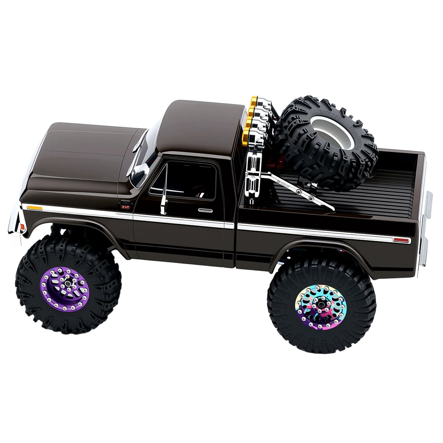 TCRC Aluminum Bed Rack & Spare Tire Carrier with Roof LED Lights (4) for 1/18 TRX4M F-150 High Trail Crawler Truck