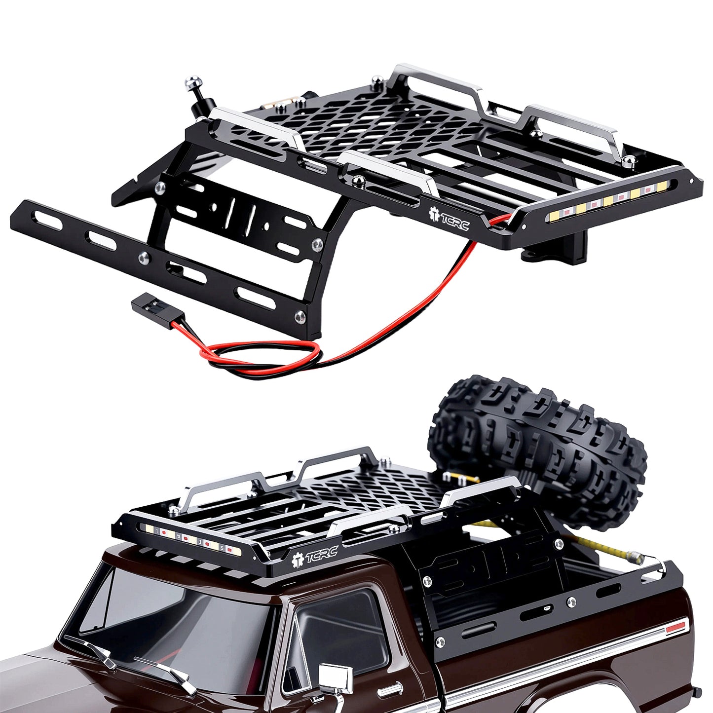 TCRC Aluminum Bed Rack & Spare Tire Carrier w/ Bright White LED Light Strip & CH3 Light Control Switch Set For 1/18 TRX4M F-150 High Trail Crawler Truck Upgrade