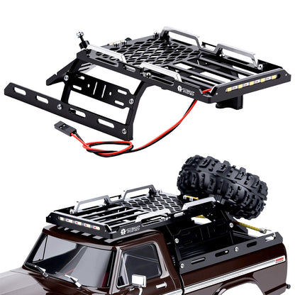 TCRC Aluminum Bed Rack & Spare Tire Carrier w/ Bright White LED Light Strip & CH3 Light Control Switch Set For 1/18 TRX4M F-150 High Trail Crawler Truck Upgrade