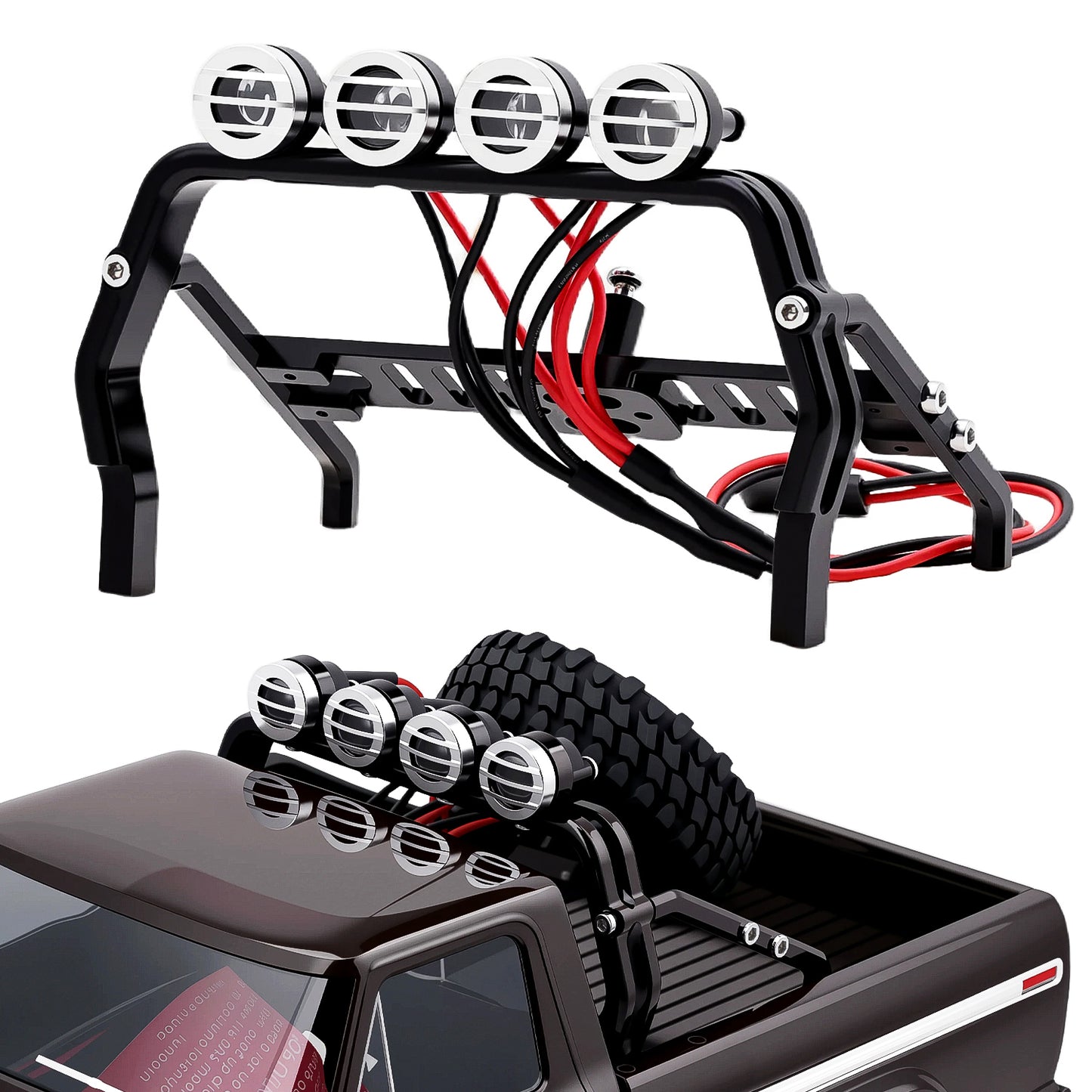 TCRC Aluminum Bed Rack & Spare Tire Carrier with Roof LED Lights (4) for 1/18 TRX4M F-150 High Trail Crawler Truck