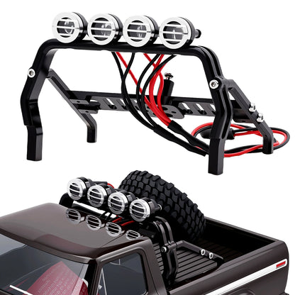 TCRC Aluminum Bed Rack & Spare Tire Carrier with Roof LED Lights (4) for 1/18 TRX4M F-150 High Trail Crawler Truck