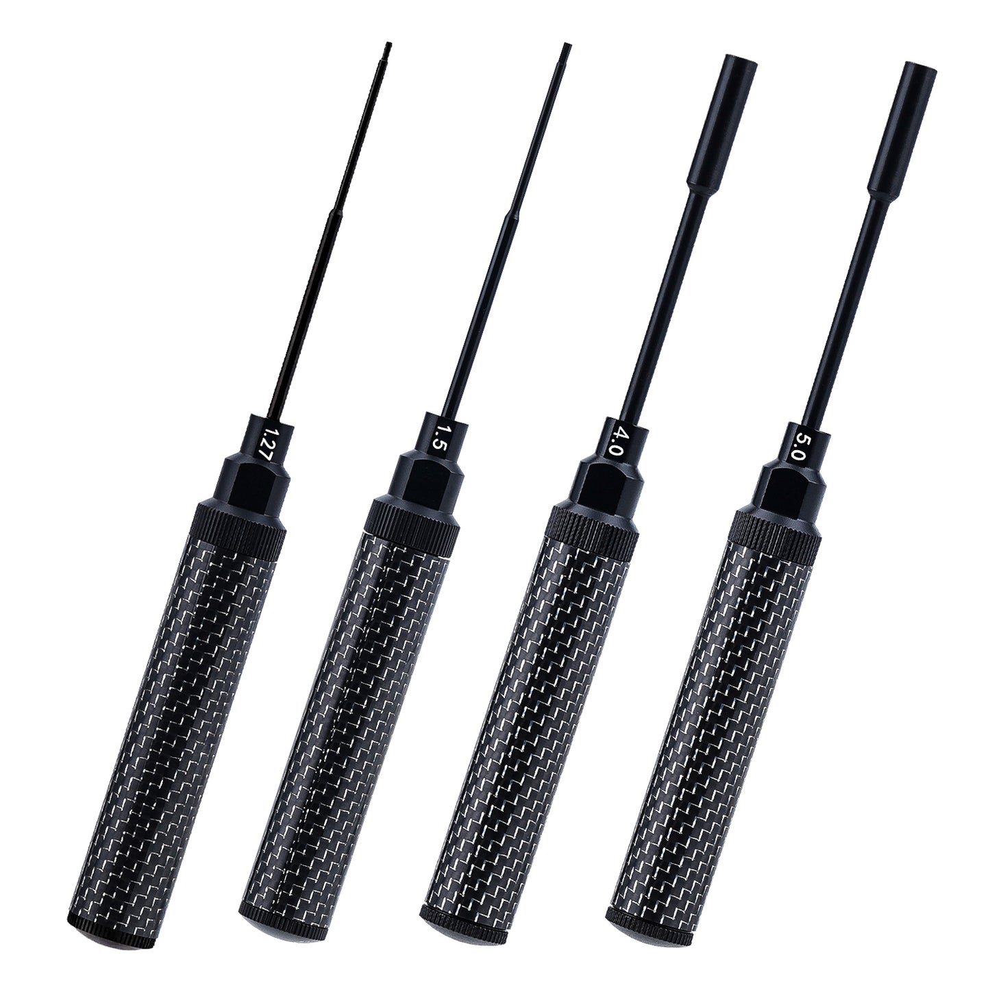 CRC 4PCS Carbon Fiber Handle Tool with M7 High Speed Steel Screwdriver bit Set 1.27mm /1.5mm Hex Driver 4.0mm/5.0mm Nut Driver for 1/24 1/18 RC Car Premium Tool