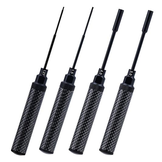 CRC 4PCS Carbon Fiber Handle Tool with M7 High Speed Steel Screwdriver bit Set 1.27mm /1.5mm Hex Driver 4.0mm/5.0mm Nut Driver for 1/24 1/18 RC Car Premium Tool