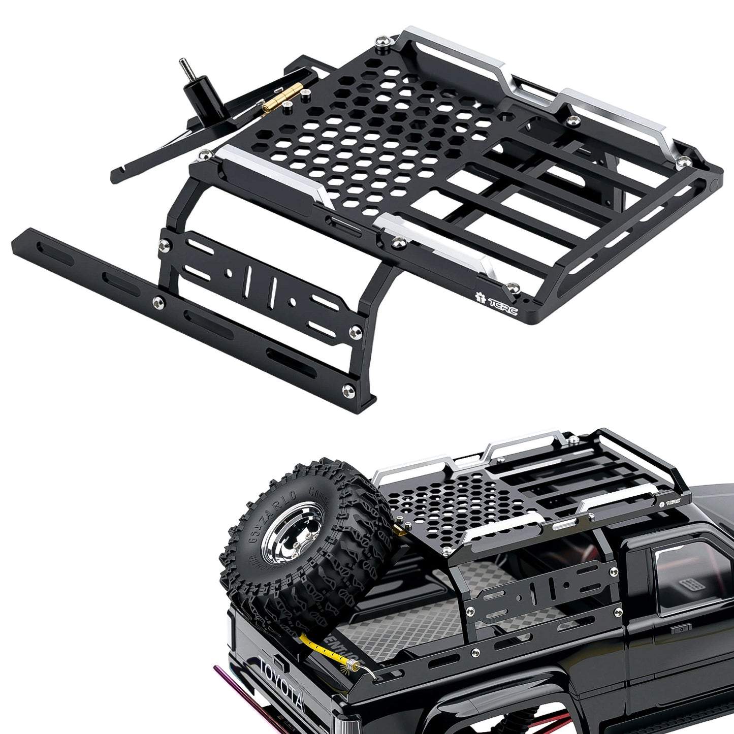 TCRC Aluminum Bed Rack & Spare Tire Carrier & Anti-skid Plate Board with Colored Reflective Luggage Rope Set For HPI Venture18