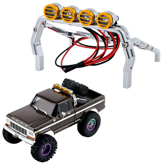 TCRC Aluminum Bed Rack & Spare Tire Carrier with Roof LED Lights (4) for 1/18 TRX4M F-150 High Trail Crawler Truck