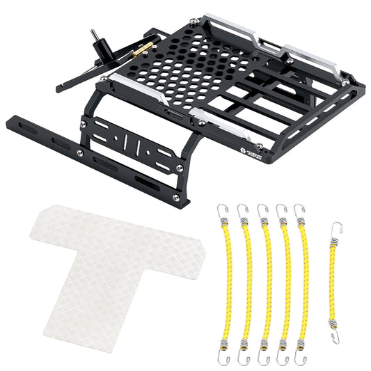 TCRC Aluminum Bed Rack & Spare Tire Carrier & Anti-skid Plate Board with Colored Reflective Luggage Rope Set For HPI Venture18