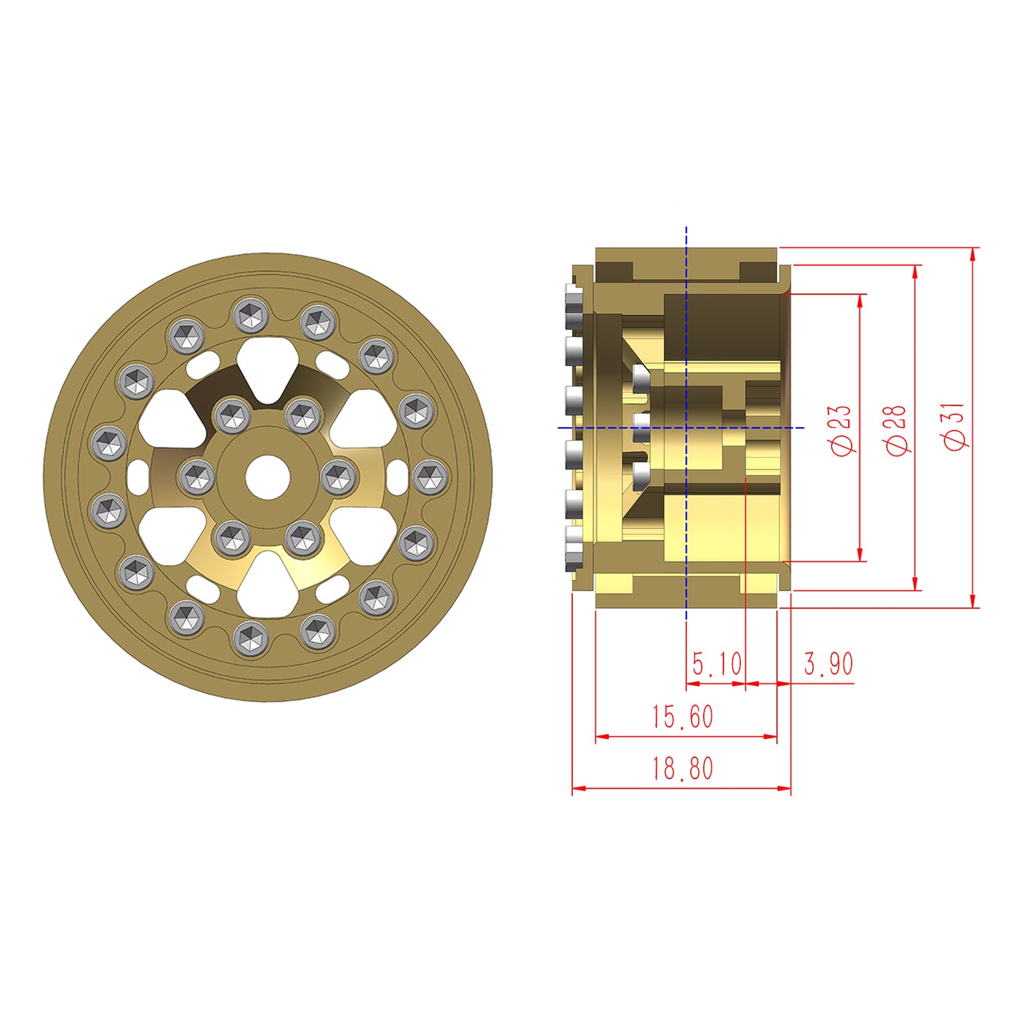 TCRC 4PCS Full Brass 1.0 Inch Beadlock Wheels Hubs 185g/set Weights