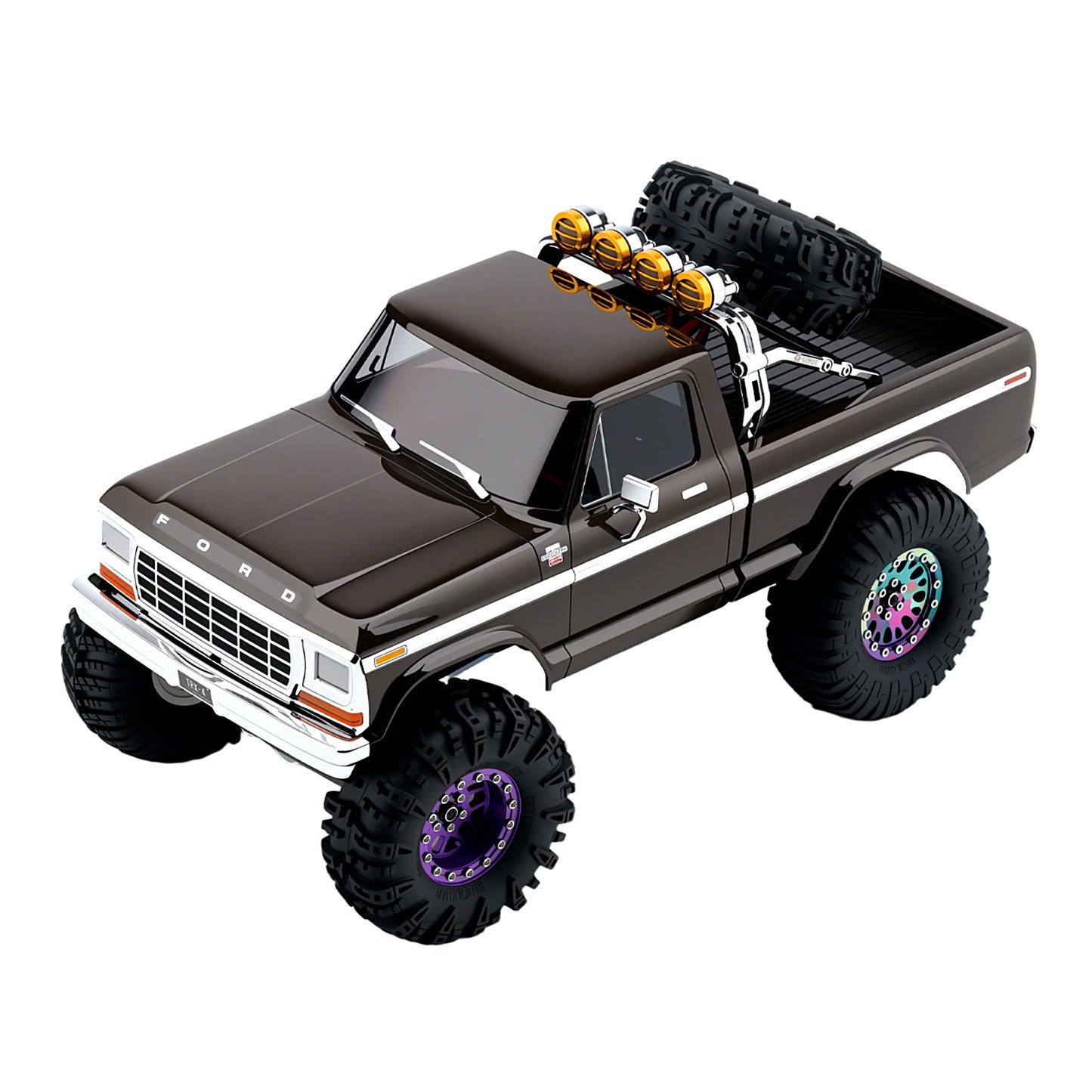 TCRC Aluminum Bed Rack & Spare Tire Carrier with Roof LED Lights (4) for 1/18 TRX4M F-150 High Trail Crawler Truck