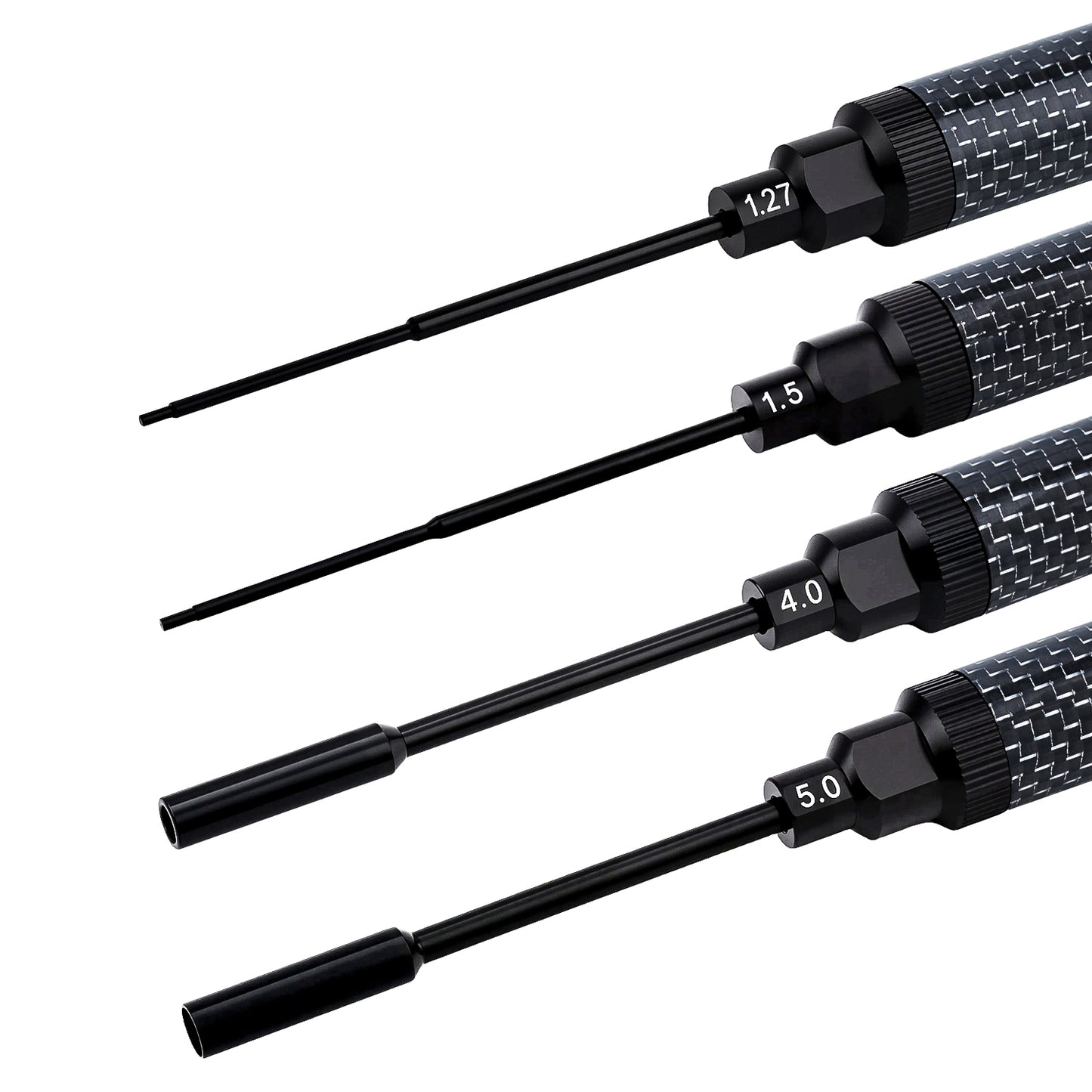 CRC 4PCS Carbon Fiber Handle Tool with M7 High Speed Steel Screwdriver bit Set 1.27mm /1.5mm Hex Driver 4.0mm/5.0mm Nut Driver for 1/24 1/18 RC Car Premium Tool