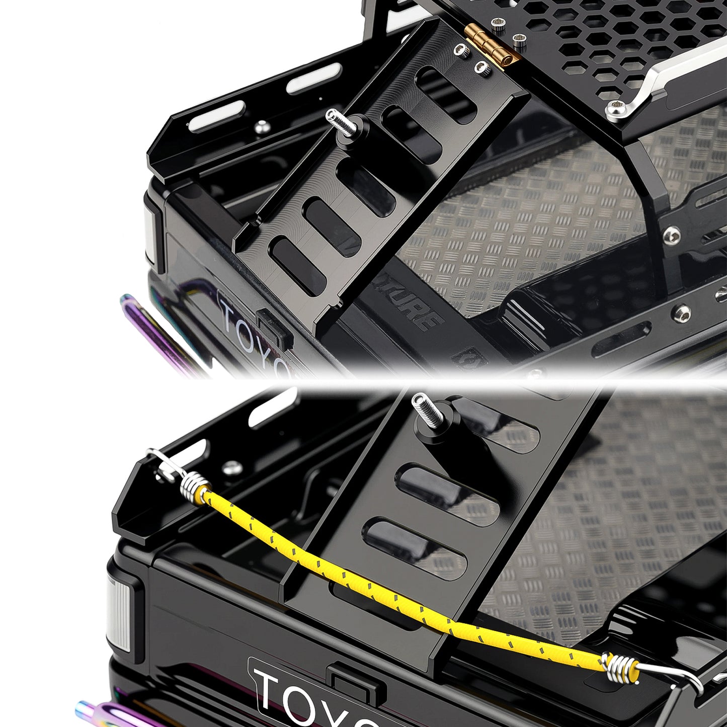 TCRC Aluminum Bed Rack & Spare Tire Carrier & Anti-skid Plate Board with Colored Reflective Luggage Rope Set For HPI Venture18