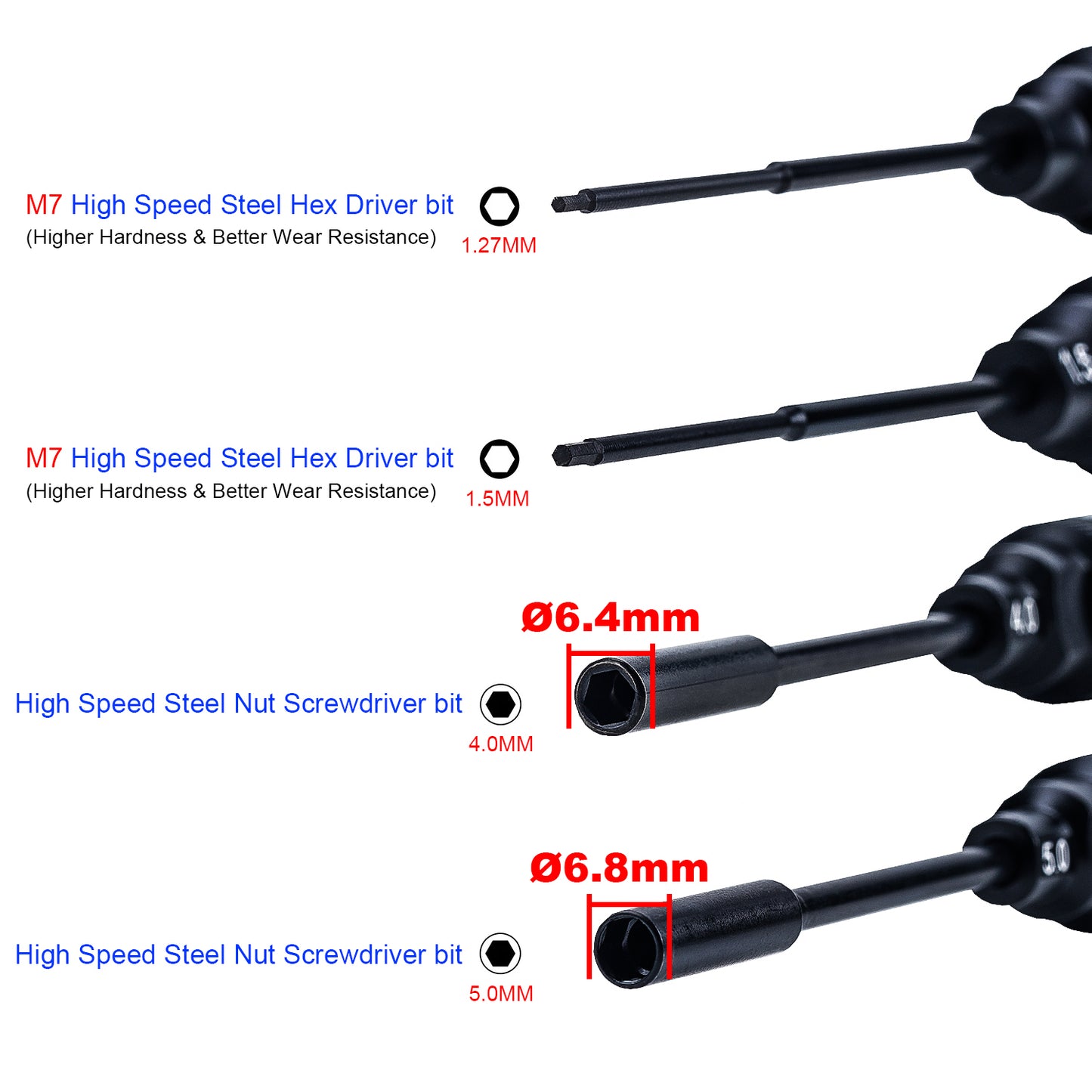 CRC 4PCS Carbon Fiber Handle Tool with M7 High Speed Steel Screwdriver bit Set 1.27mm /1.5mm Hex Driver 4.0mm/5.0mm Nut Driver for 1/24 1/18 RC Car Premium Tool