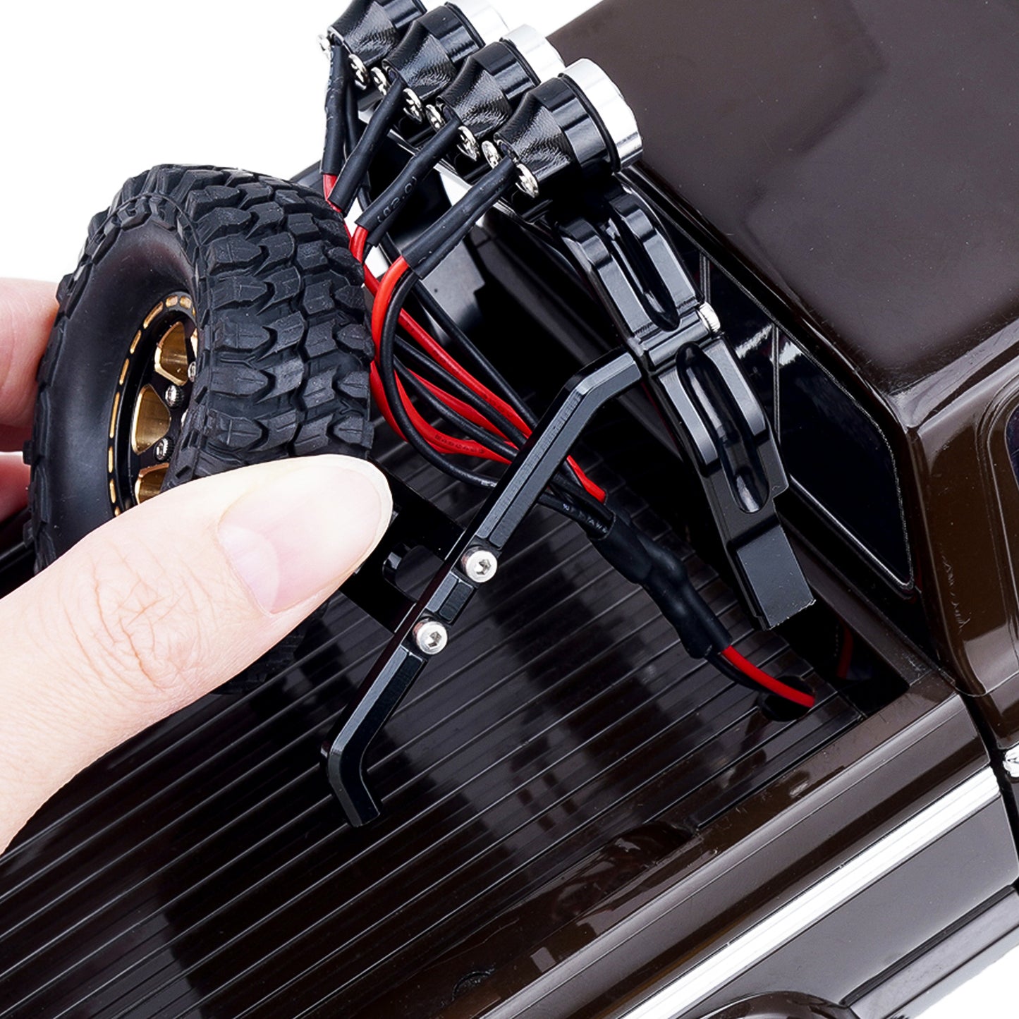 TCRC Aluminum Bed Rack & Spare Tire Carrier with Roof LED Lights (4) for 1/18 TRX4M F-150 High Trail Crawler Truck