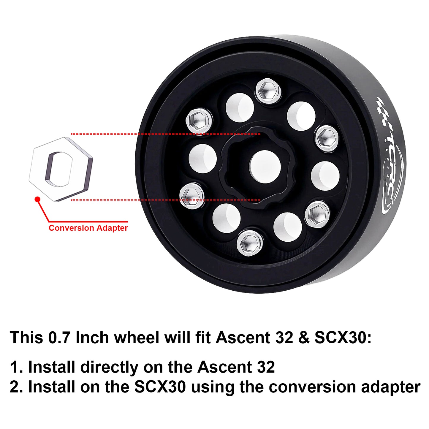 TCRC Deep Dish Aluminum 0.7” Beadlock Wheels Hubs for 1/30 Axial SCX30 1/32 Redcat Ascent-32