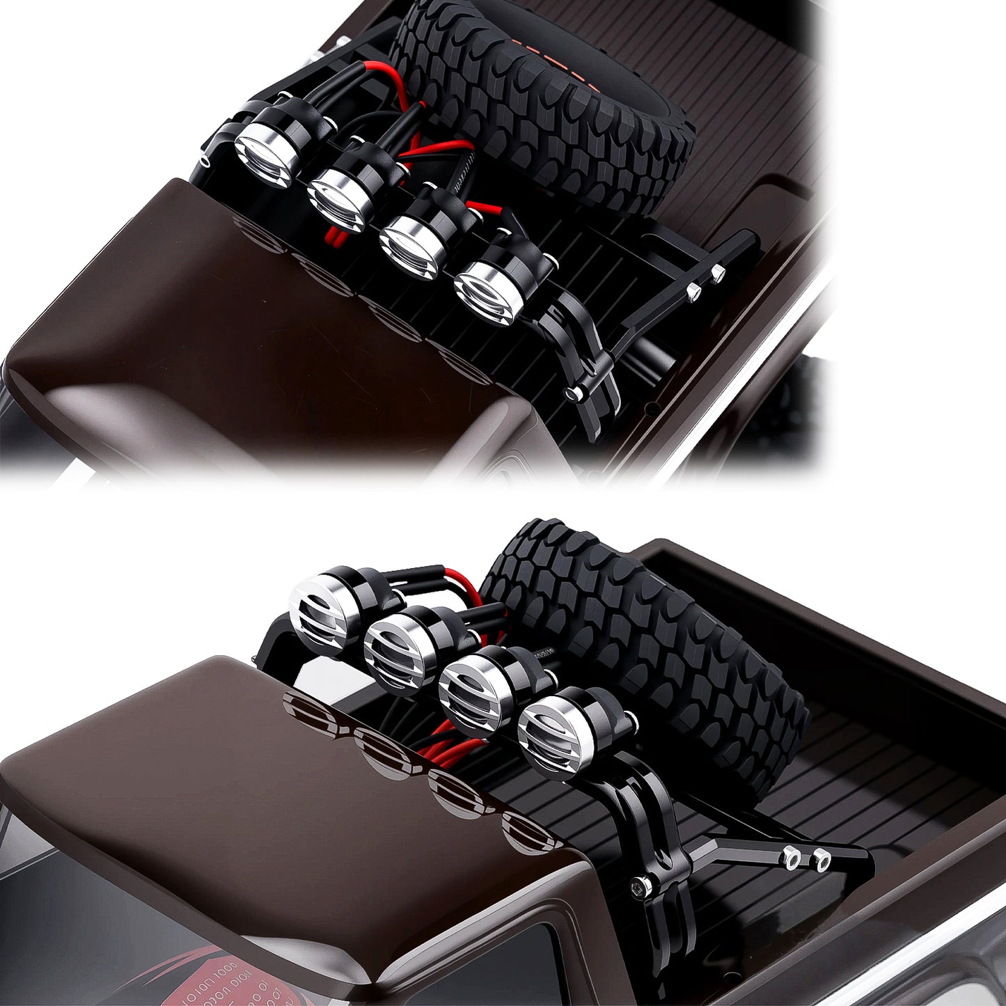 TCRC Aluminum Bed Rack & Spare Tire Carrier with Roof LED Lights (4) for 1/18 TRX4M F-150 High Trail Crawler Truck