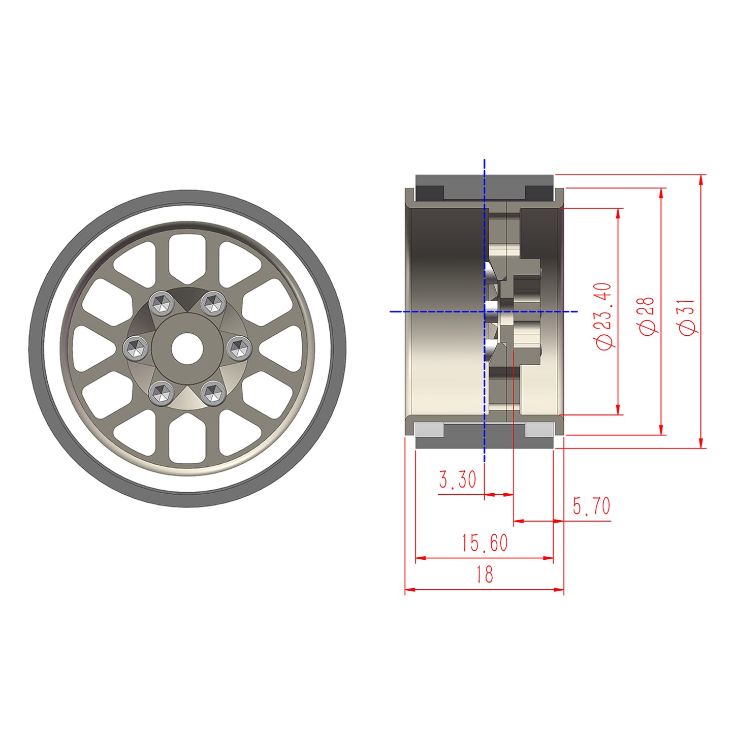 TCRC 4PCS Aluminum Deep Dish 1.0 Inch Beadlock Wheels Hubs