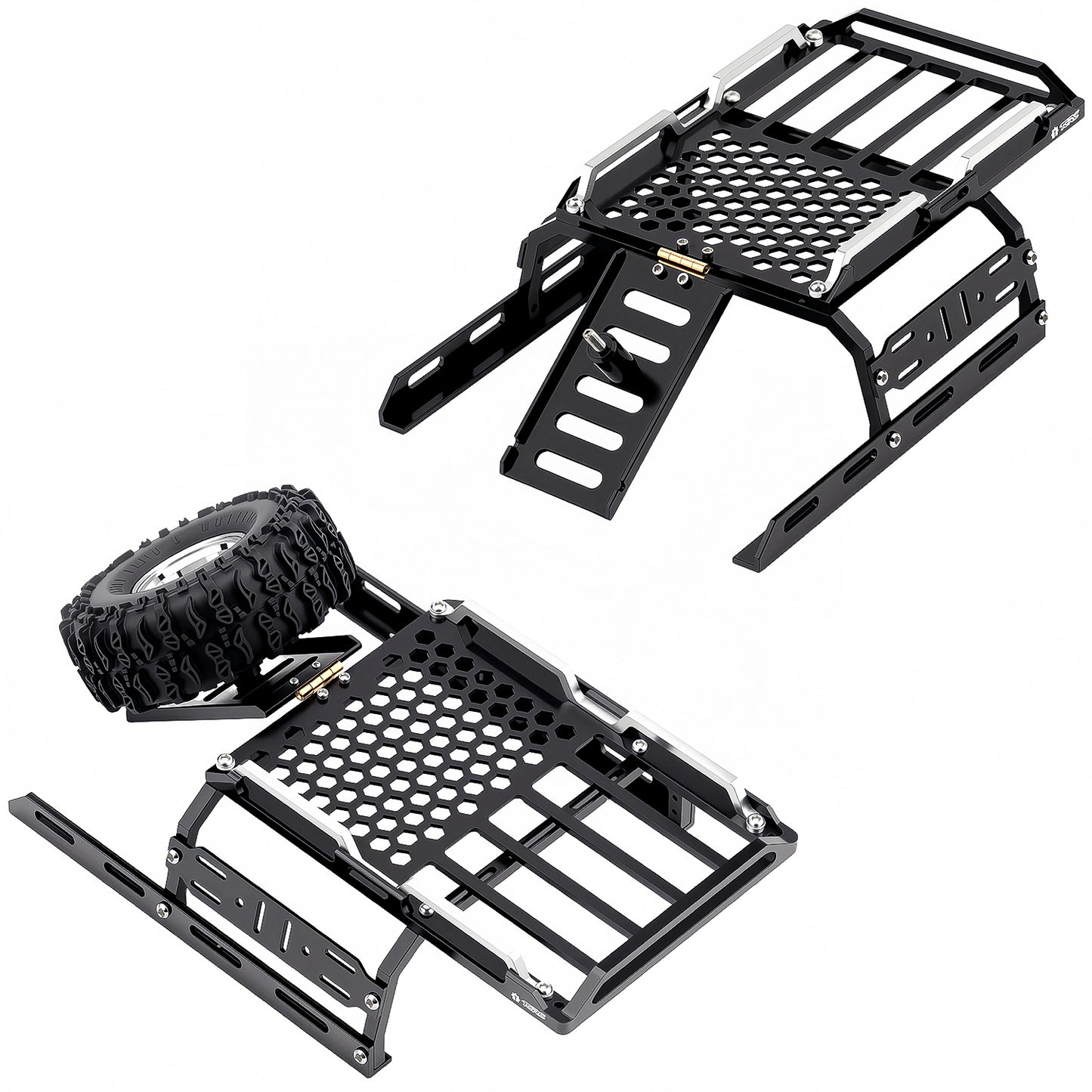 TCRC Aluminum Bed Rack & Spare Tire Carrier & Anti-skid Plate Board with Colored Reflective Luggage Rope Set For HPI Venture18