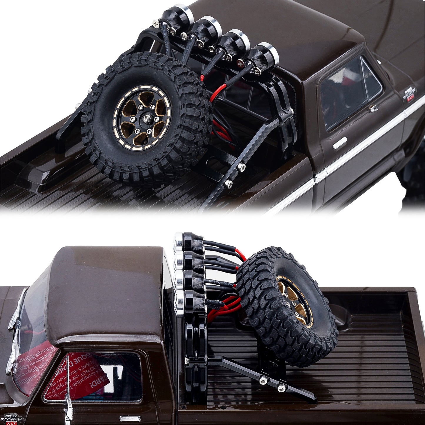 TCRC Aluminum Bed Rack & Spare Tire Carrier with Roof LED Lights (4) for 1/18 TRX4M F-150 High Trail Crawler Truck