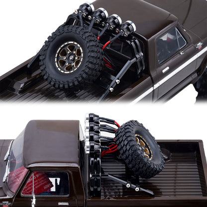 TCRC Aluminum Bed Rack & Spare Tire Carrier with Roof LED Lights (4) for 1/18 TRX4M F-150 High Trail Crawler Truck