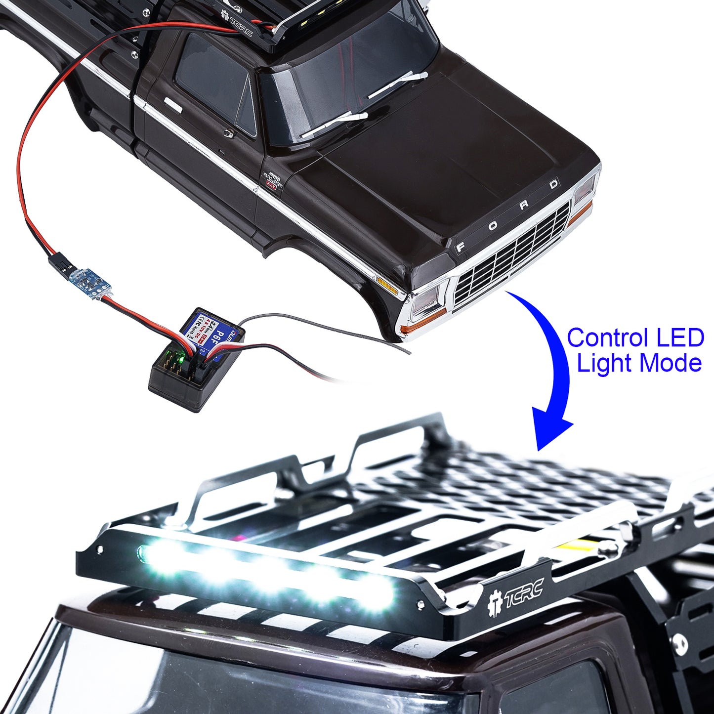 TCRC Aluminum Bed Rack & Spare Tire Carrier w/ Bright White LED Light Strip & CH3 Light Control Switch Set For 1/18 TRX4M F-150 High Trail Crawler Truck Upgrade