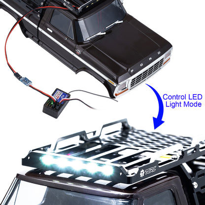 TCRC Aluminum Bed Rack & Spare Tire Carrier w/ Bright White LED Light Strip & CH3 Light Control Switch Set For 1/18 TRX4M F-150 High Trail Crawler Truck Upgrade
