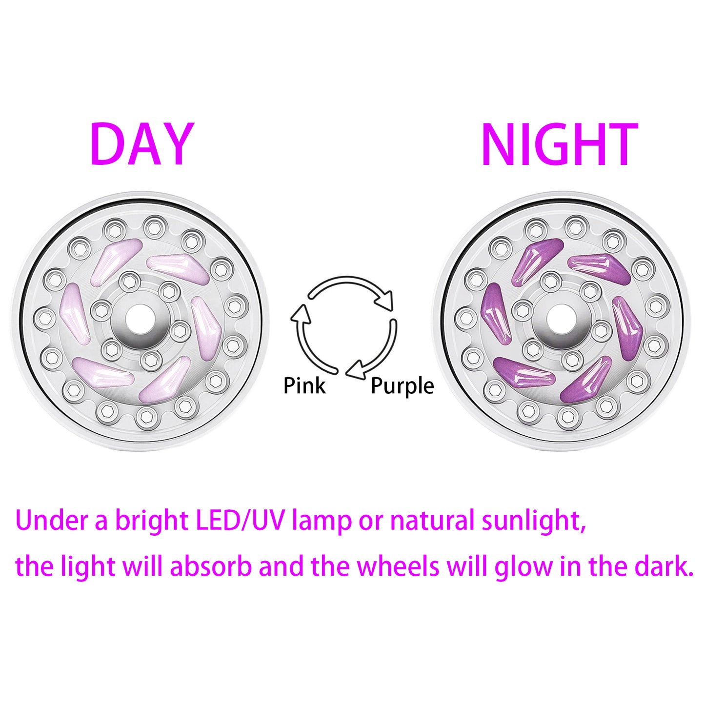 TCRC 4PCS Night Glow Color Fluorescent Purple/Blue Aluminum 1.0 Inch Beadlock Wheels Hubs