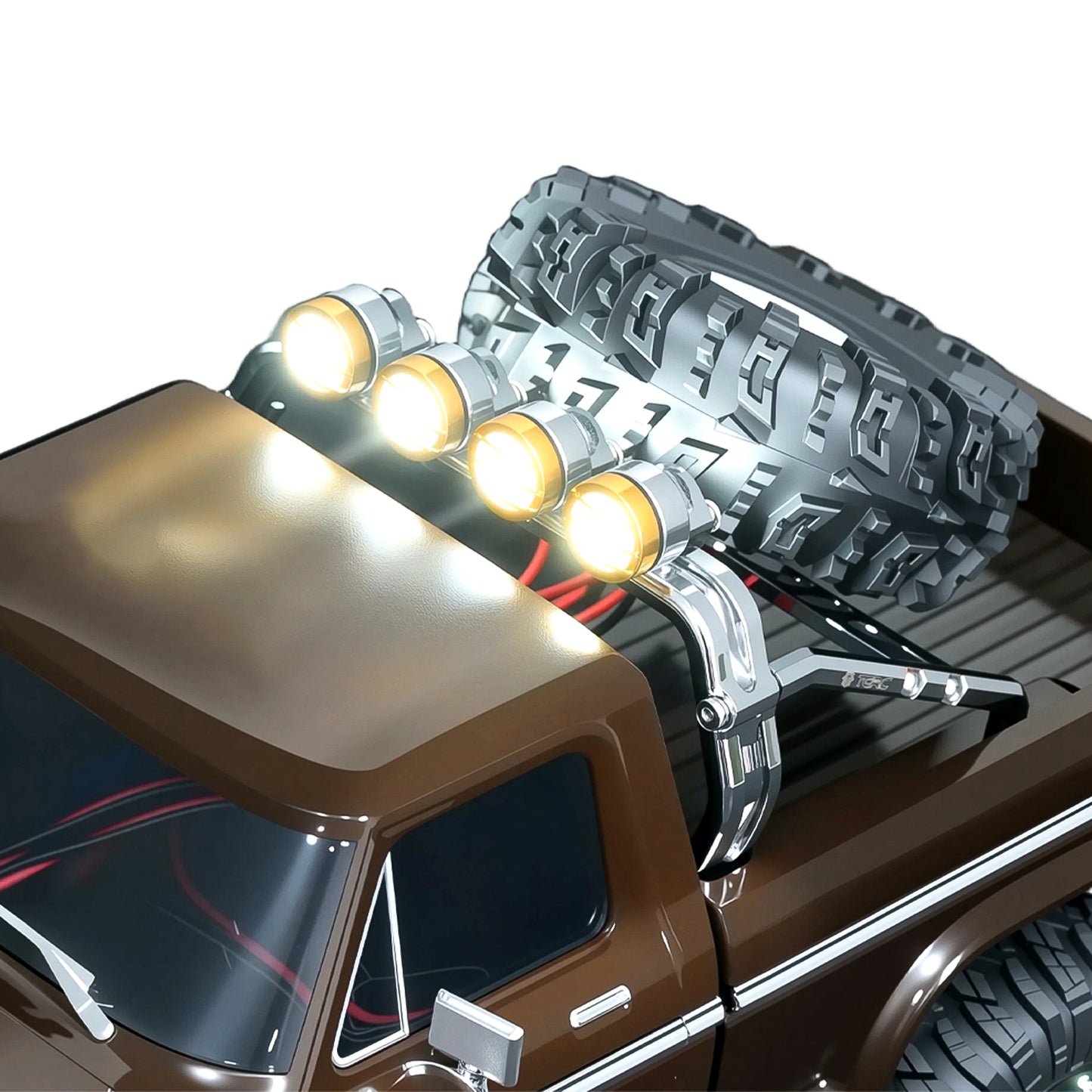 TCRC Aluminum Bed Rack & Spare Tire Carrier with Roof LED Lights (4) for 1/18 TRX4M F-150 High Trail Crawler Truck