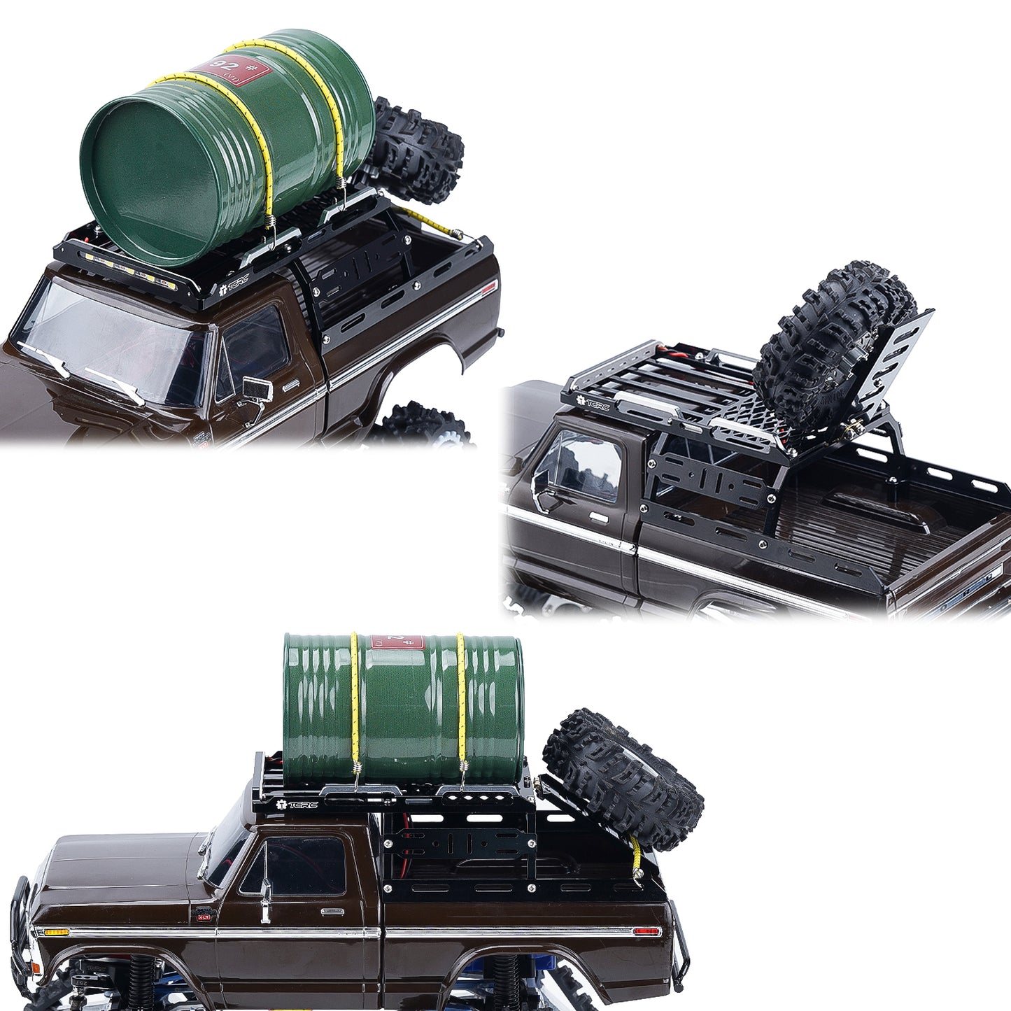 TCRC Aluminum Bed Rack & Spare Tire Carrier w/ Bright White LED Light Strip & CH3 Light Control Switch Set For 1/18 TRX4M F-150 High Trail Crawler Truck Upgrade