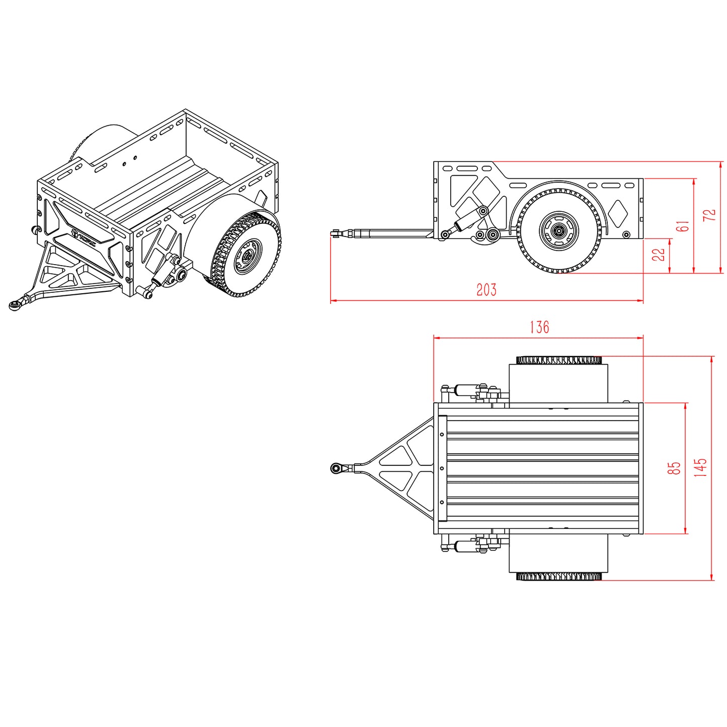 TCRC Heavy Duty RC Mini Box Trailer For 1/16 1/18 1/24 RC Crawler Car