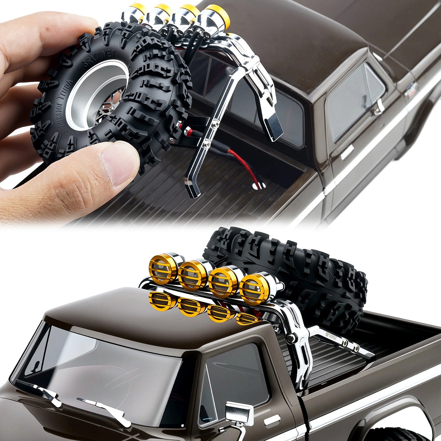 TCRC Aluminum Bed Rack & Spare Tire Carrier with Roof LED Lights (4) for 1/18 TRX4M F-150 High Trail Crawler Truck