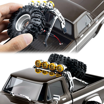 TCRC Aluminum Bed Rack & Spare Tire Carrier with Roof LED Lights (4) for 1/18 TRX4M F-150 High Trail Crawler Truck